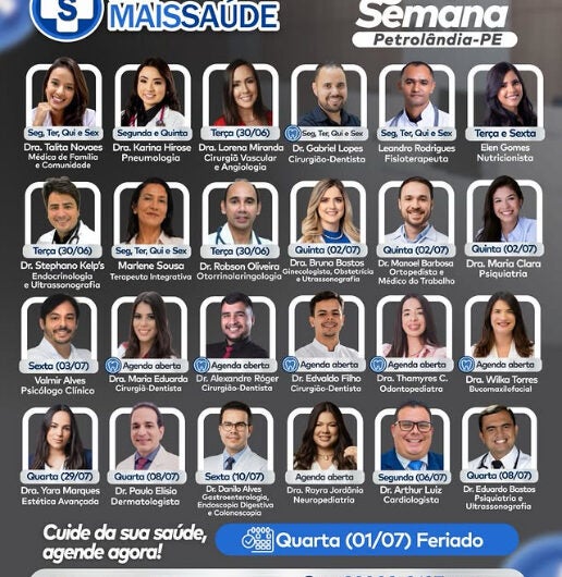 Clínica Mais Saúde divulga agenda semanal de especialistas em Petrolândia; confira os atendimentos