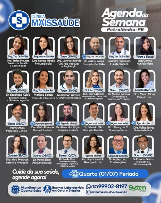 Clínica Mais Saúde divulga agenda semanal de especialistas em Petrolândia; confira os atendimentos