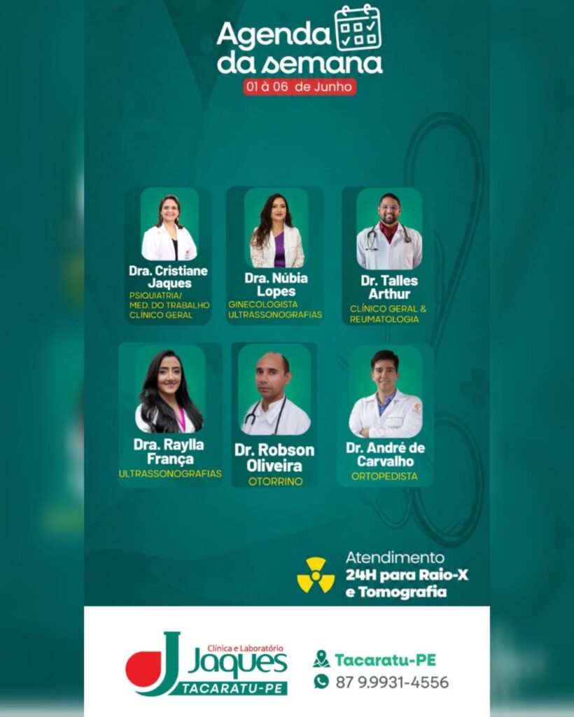 Clínica e Laboratório Jaques divulga agenda médica da semana com especialistas em diversas áreas em Tacaratu