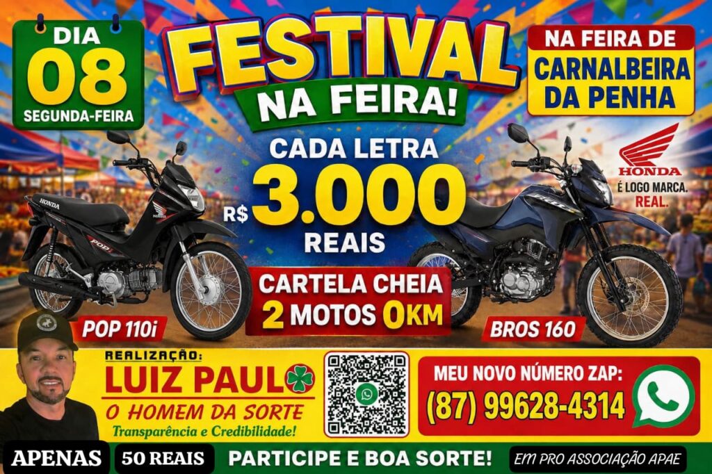 Festival na Feira de Carnaubeira da Penha vai sortear duas motos 0 km e premiar cartela cheia com R$ 3 mil por letra