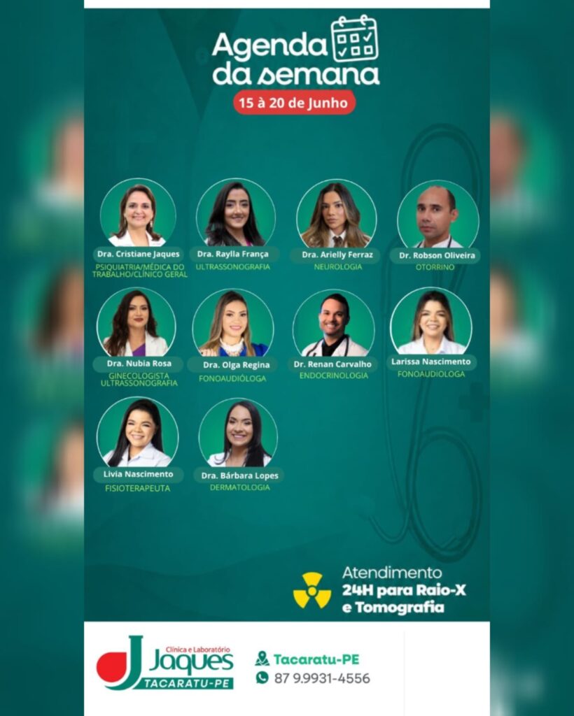 Agenda da Semana: Clínica e Laboratório Jaques divulga atendimentos especializados de 15 a 20 de junho em Tacaratu