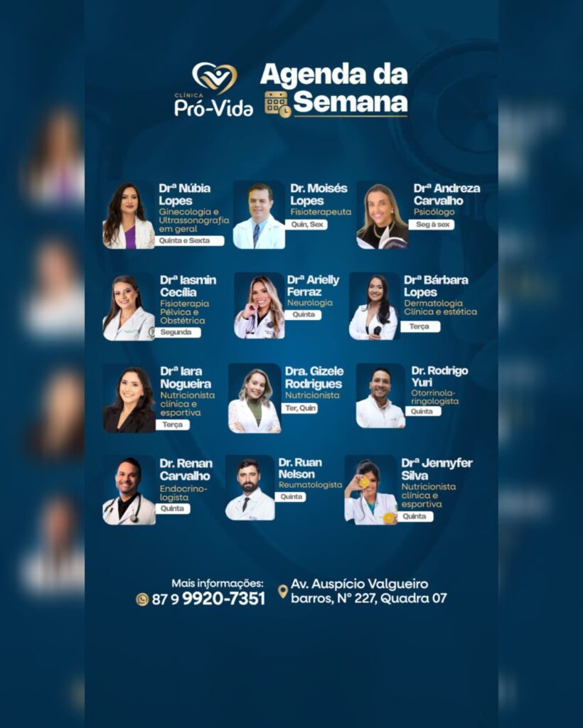 Clínica Pró-Vida divulga agenda semanal com especialistas em diversas áreas da saúde em Petrolândia