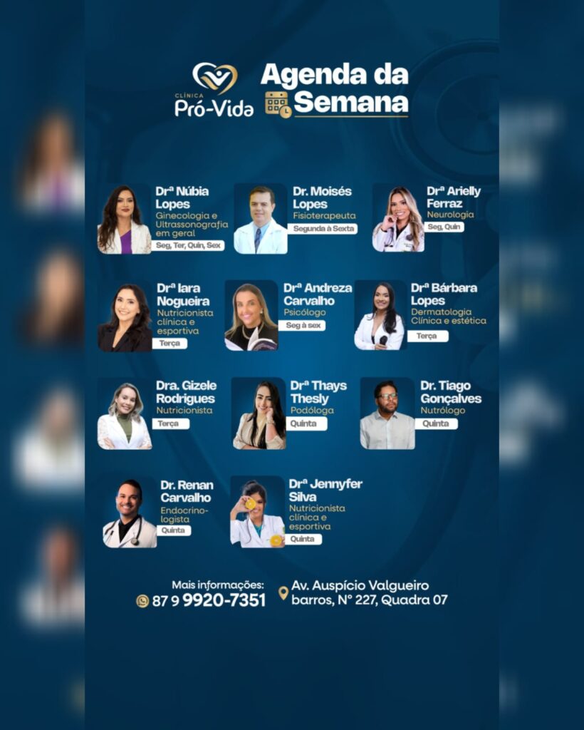 Clínica Pró-Vida divulga agenda semanal com especialistas em diversas áreas da saúde em Petrolândia