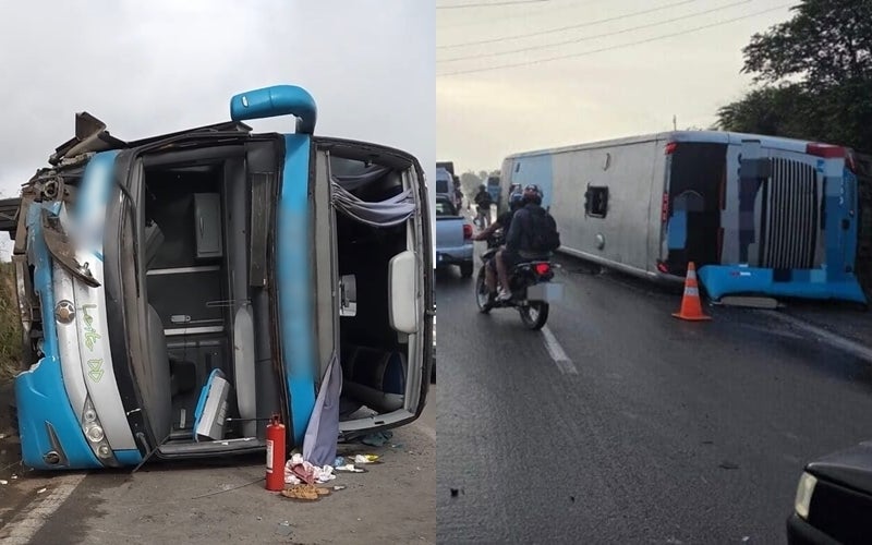 Ônibus da Progresso tomba na BR-232 em Caruaru e deixa 16 pessoas feridas