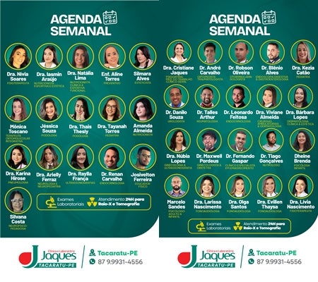 Clínica e Laboratórios Jaques divulga agenda semanal com especialistas em Tacaratu-PE