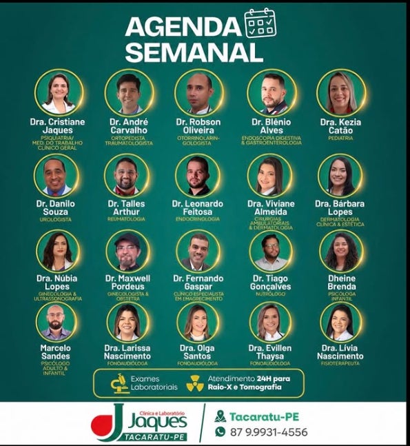 Clínica Jaques de Tacaratu divulga agenda semanal com diversas especialidades médicas e multiprofissionais