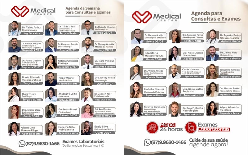 Medical Center divulga agenda da semana com dezenas de especialistas e ampla oferta de consultas e exames em Petrolândia