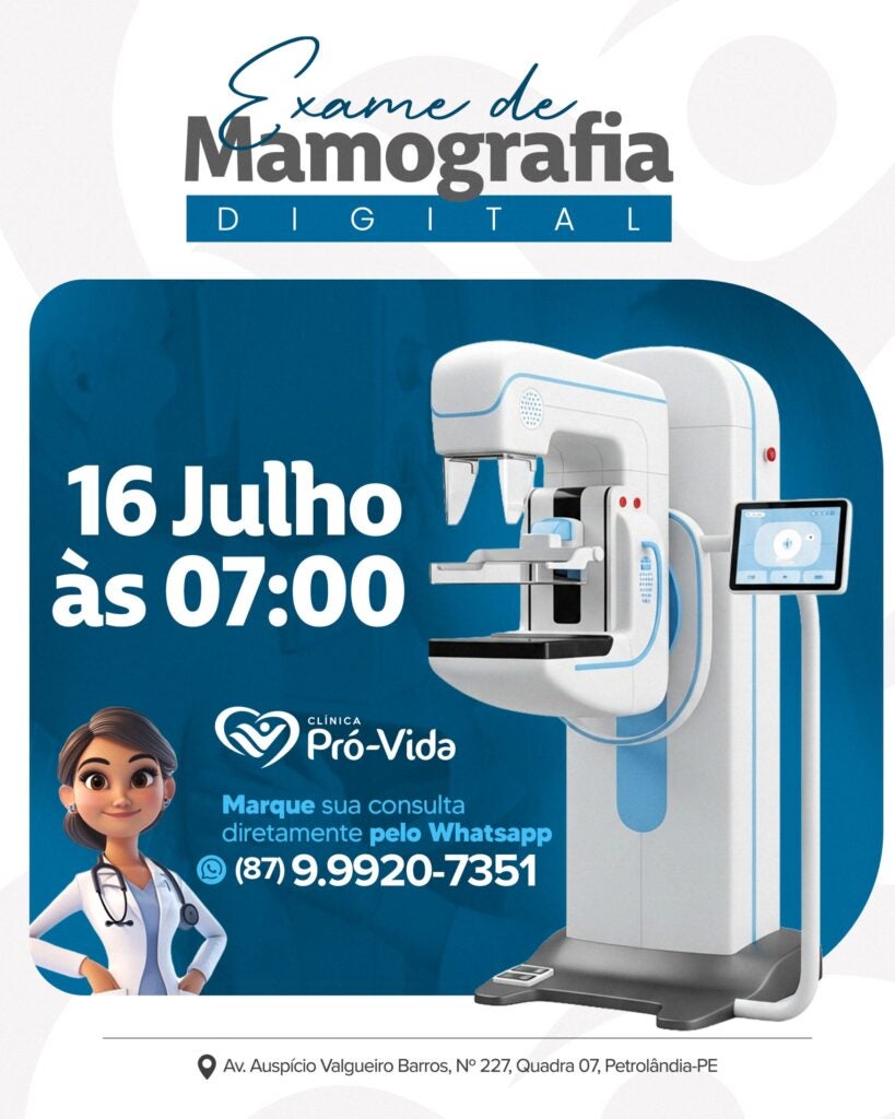 Clínica Pró-Vida realiza exame de mamografia digital no dia 16 de julho em Petrolândia