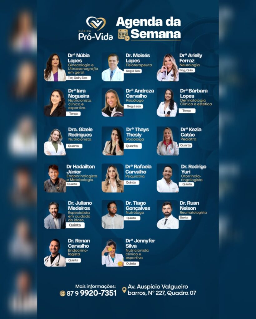 Agenda da Semana: Clínica Pró-Vida de Petrolândia divulga atendimentos com especialistas em diversas áreas da saúde