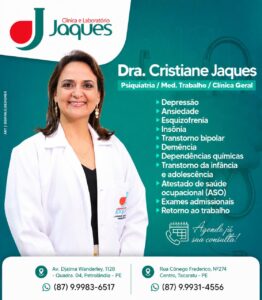 Dra. Cristiane Jaques atende nesta quarta-feira nas unidades da Clínica Jaques em Tacaratu e Petrolândia Dra. Cristiane Jaques atende nesta quarta-feira nas unidades da Clínica Jaques em Tacaratu e Petrolândia