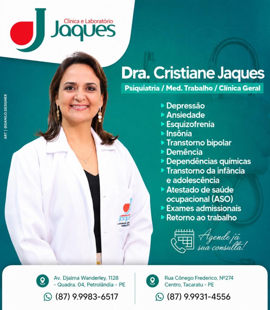 Dra. Cristiane Jaques atende nesta quinta-feira (9) nas unidades da Clínica Jaques em Tacaratu e Petrolândia