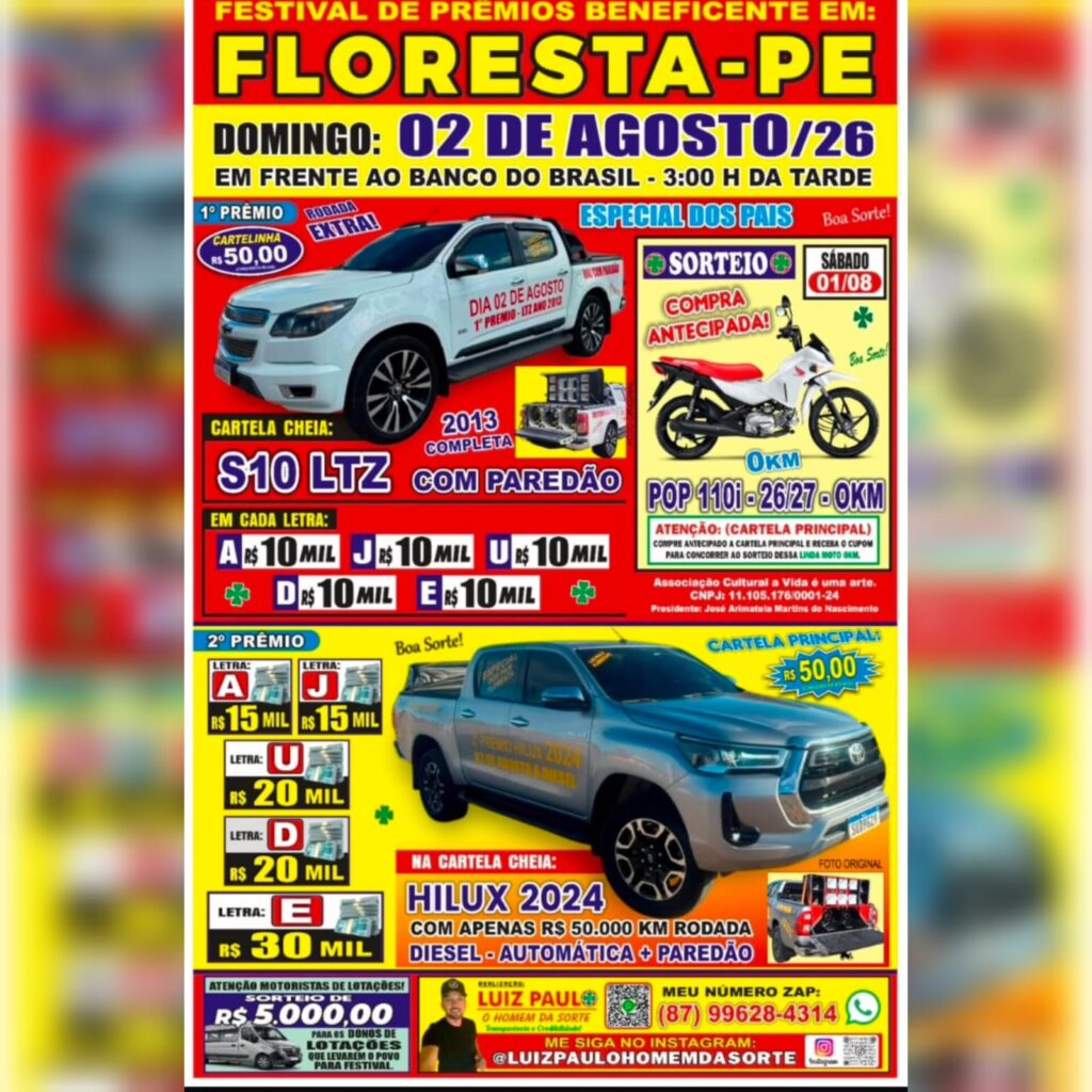 Festival Beneficente em Floresta-PE vai sortear Hilux 2024, S10 LTZ, moto 0 km e prêmios em dinheiro no dia 2 de agosto