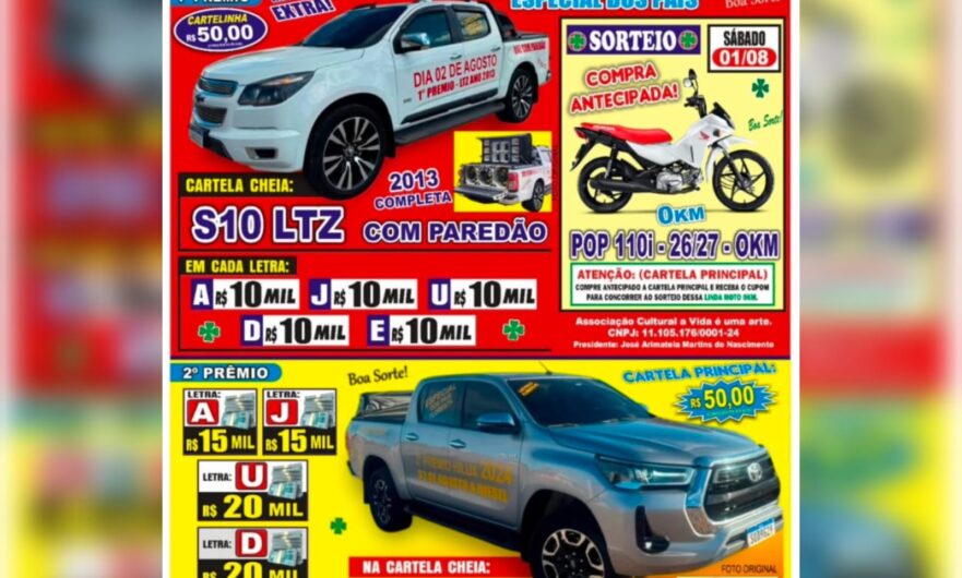 Festival Beneficente em Floresta-PE vai sortear Hilux 2024, S10 LTZ, moto 0 km e prêmios em dinheiro no dia 2 de agosto