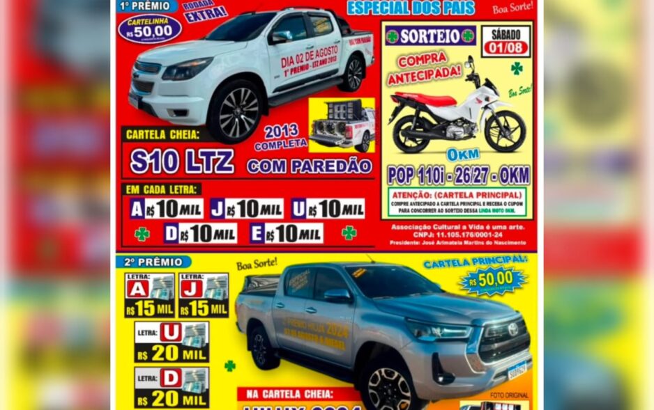 Festival Beneficente em Floresta-PE vai sortear Hilux 2024, S10 LTZ, moto 0 km e prêmios em dinheiro no dia 2 de agosto