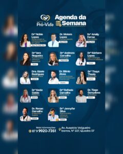 línica Pró-Vida divulga agenda semanal com especialistas em diversas áreas da saúde em Petrolândia