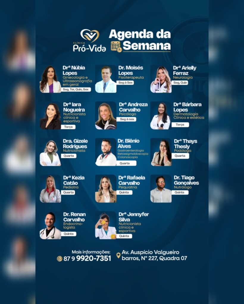 Clínica Pró-Vida divulga agenda semanal com especialistas em diversas áreas da saúde em Petrolândia