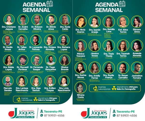 Clínica e Laboratório Jaques divulga agenda semanal de especialistas em Tacaratu-PE