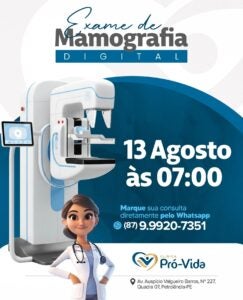 Mamografia Digital na Clínica Pró-Vida será realizada no dia 13 de agosto com agendamentos abertos