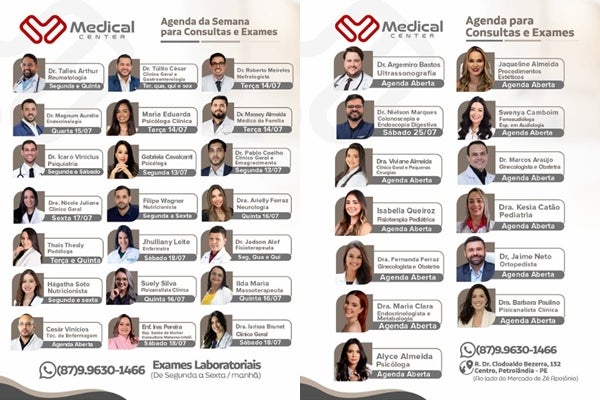 Medical Center Petrolândia divulga agenda semanal com consultas, exames e especialistas em diversas áreas da saúde