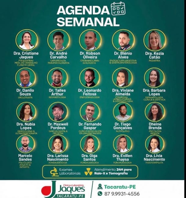 Agenda da Semana: Clínica e Laboratório Jaques de Tacaratu reúne equipe completa de especialistas para atendimento