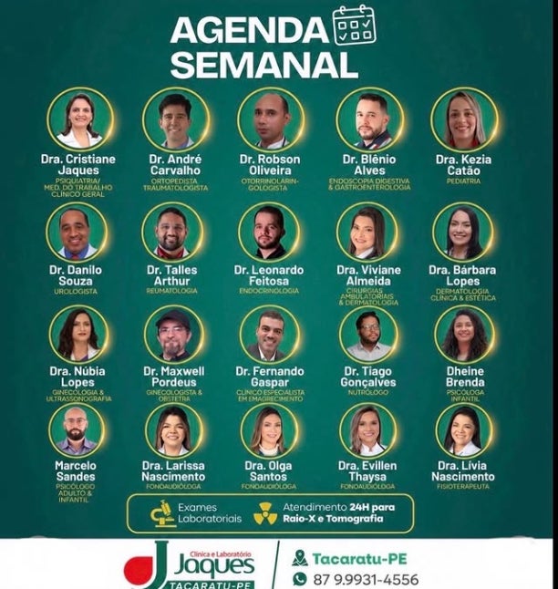 Clínica Jaques divulga Agenda da Semana com diversas especialidades em Tacaratu