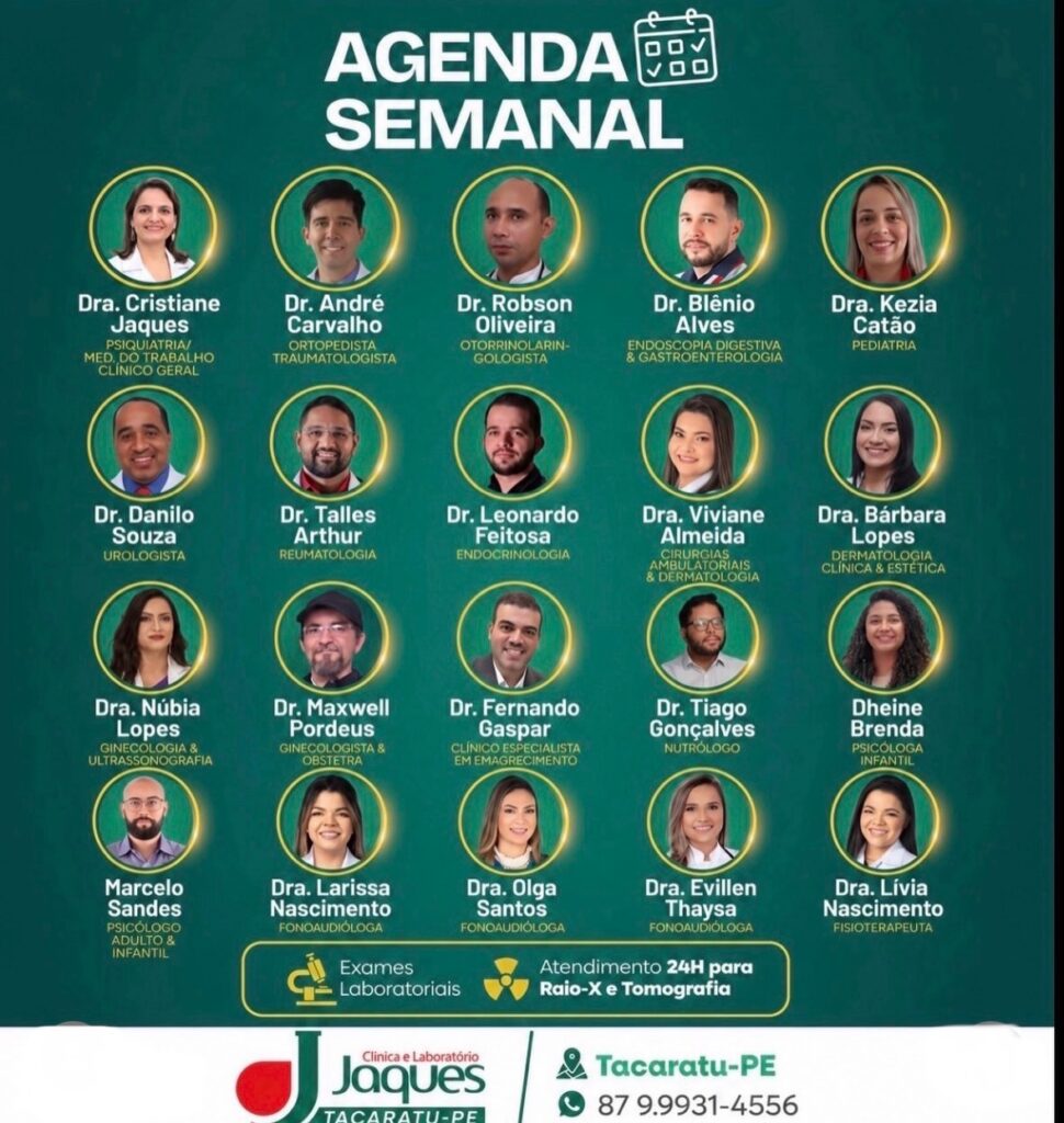 Clínica e Laboratório Jaques divulga Agenda da Semana com atendimento de diversas especialidades em Tacaratu