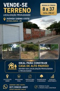 Classificados: Terreno de 296 m² está à venda na Avenida Sabino Costa, em Petrolândia