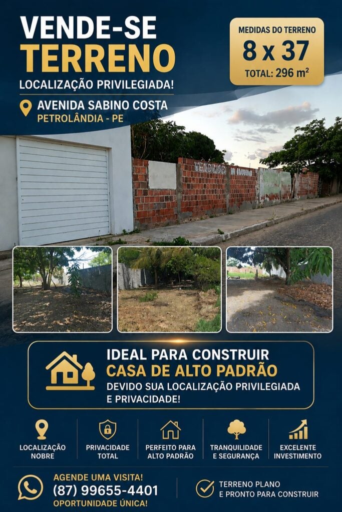 Classificados: Terreno de 296 m² está à venda na Avenida Sabino Costa, em Petrolândia