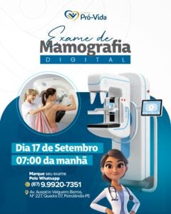 Clínica Pró-Vida promove atendimento para mamografia digital no dia 17 de setembro em Petrolândia