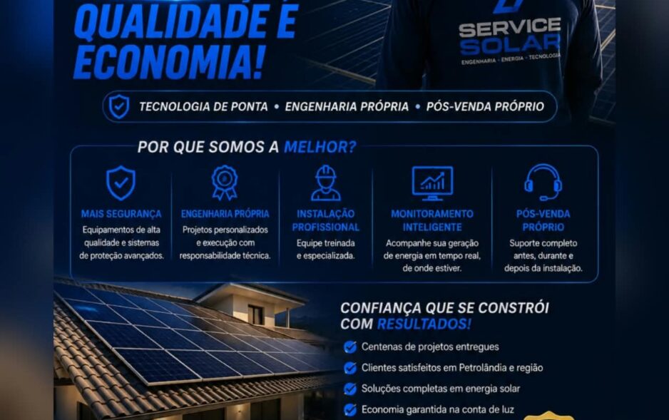 A Service Solar, empresa especializada em engenharia, energia e tecnologia, apresenta soluções completas em energia solar para clientes de Petrolândia e municípios da região.