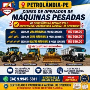 Curso de Operador de Máquinas Pesadas é anunciado em Petrolândia com vagas limitadas