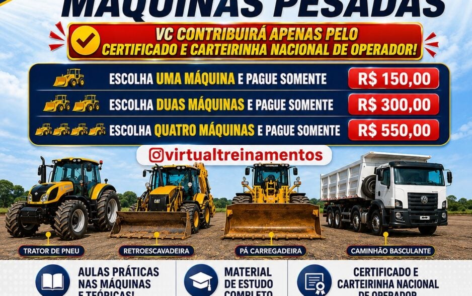 Curso de Operador de Máquinas Pesadas é anunciado em Petrolândia com vagas limitadas