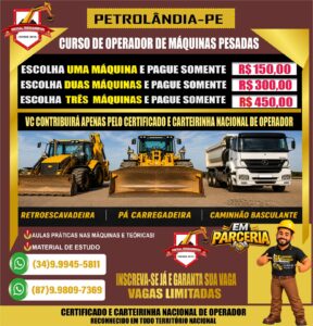 Curso de Operador de Máquinas Pesadas oferece qualificação e oportunidade de contratação em Petrolândia Curso de Operador de Máquinas Pesadas oferece qualificação e oportunidade de contratação em Petrolândia