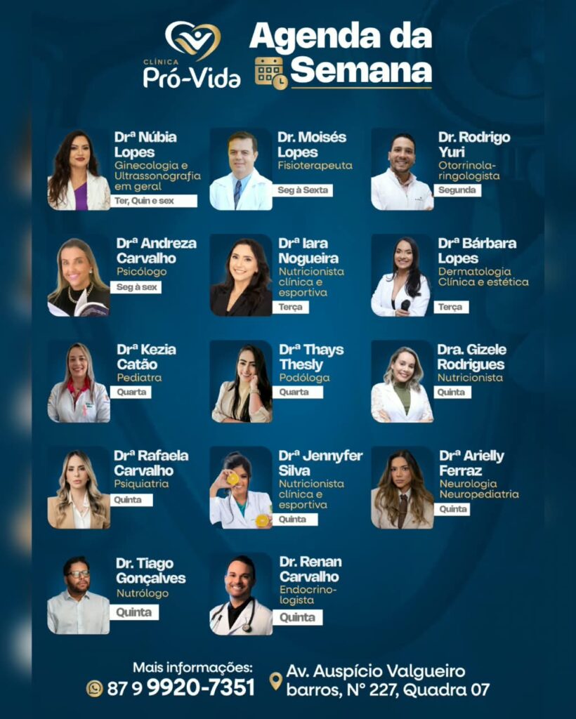 Clínica Pró-Vida divulga Agenda da Semana com especialistas em diversas áreas da saúde em Petrolândia