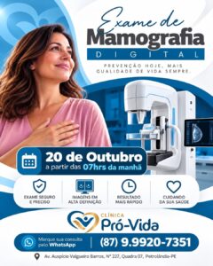 Clínica Pró-Vida realizará exame de mamografia digital no dia 20 de outubro em Petrolândia Clínica Pró-Vida realizará exame de mamografia digital no dia 20 de outubro em Petrolândia