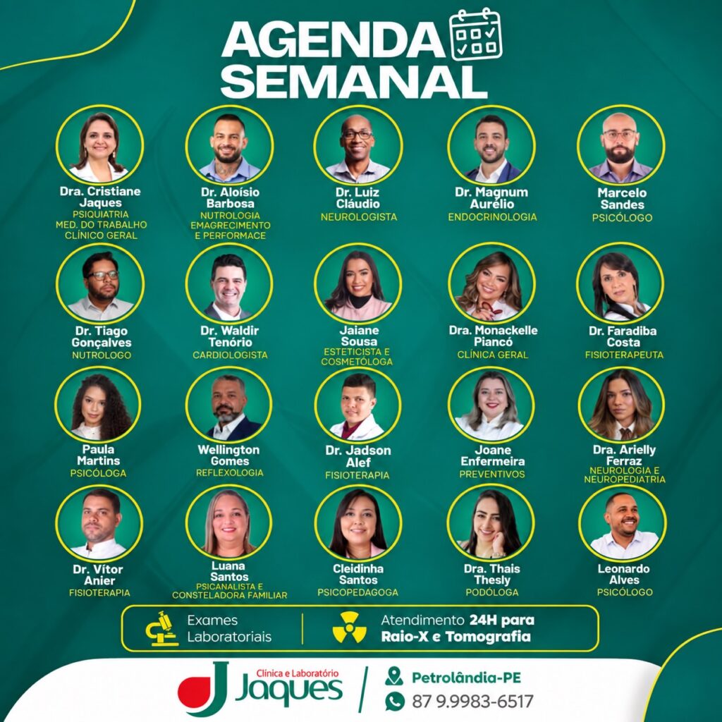 Clínica e Laboratório Jaques divulga Agenda da Semana com atendimento em diversas especialidades em Petrolândia