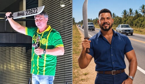 Flávio Bolsonaro empunha facão de Abimael Santos e defende castração química durante ato no Recife