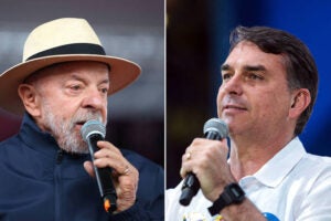 Lula e Flávio Bolsonaro, candidatos à Presidência, em montagem de fotos