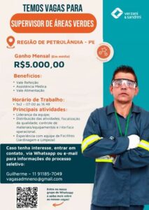 Empresa abre vaga para Supervisor de Áreas Verdes na região de Petrolândia Empresa abre vaga para Supervisor de Áreas Verdes na região de Petrolândia