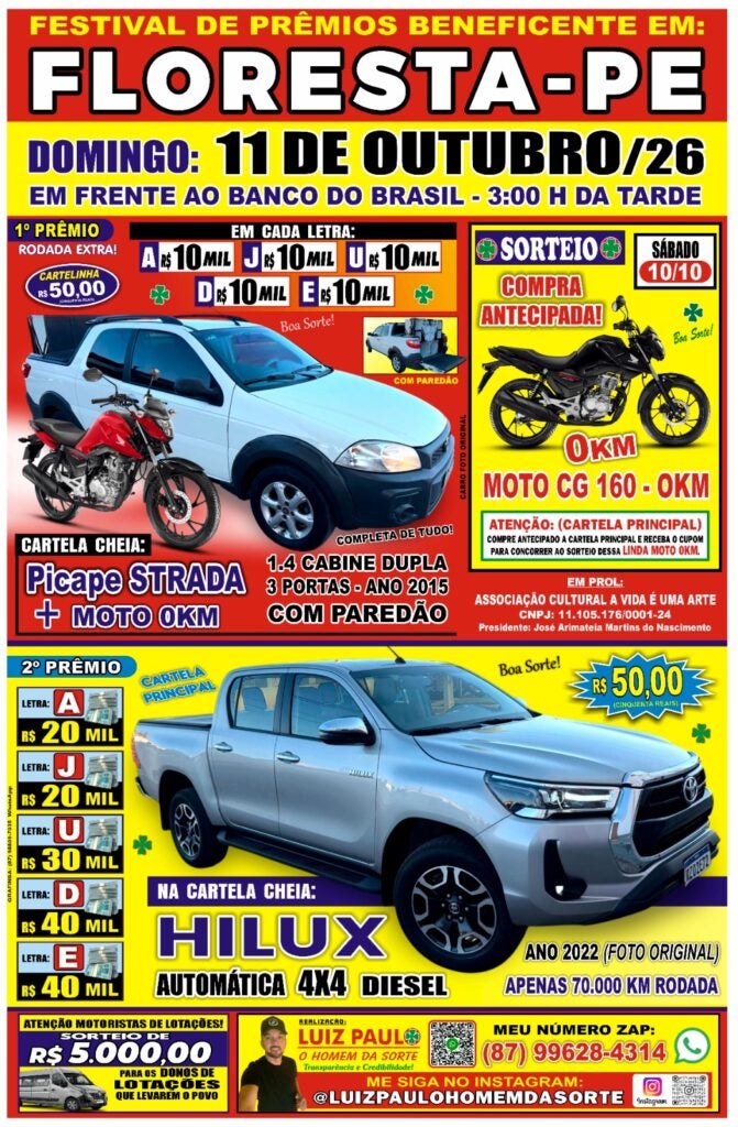 Festival de Prêmios terá picape, Hilux e moto 0 km em Floresta-PE