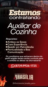 Churrascaria Brasilia anuncia vaga para auxiliar de cozinha em Petrolândia