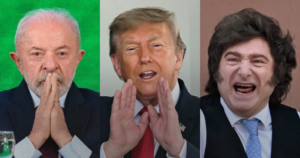 Montagem jornalística com os presidentes Donald Trump e Javier Milei para reportagem sobre questionamentos diplomáticos