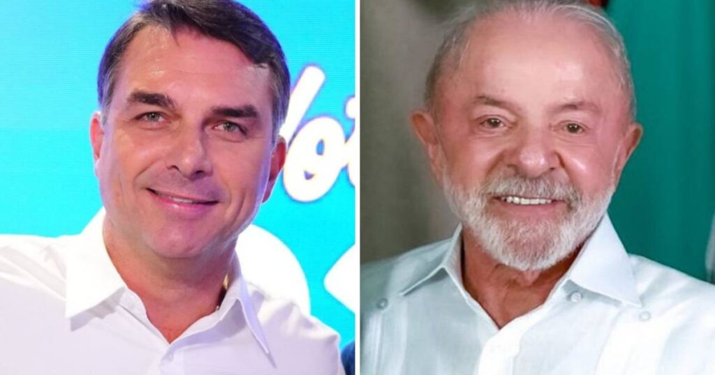 Flávio Bolsonaro e Lula em montagem sobre pesquisa Datafolha do segundo turno de 2026
