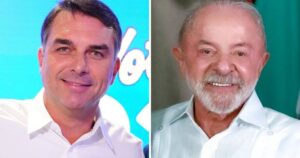 Flávio Bolsonaro e Lula em montagem sobre pesquisa Datafolha do segundo turno de 2026
